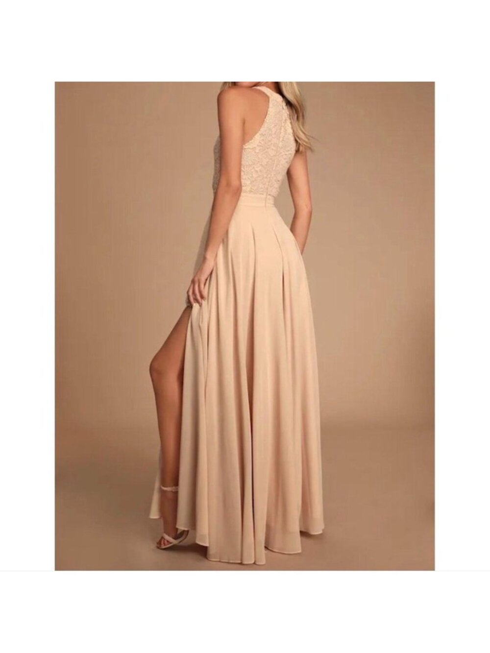 NWT Lulus Picture Perfect Blush Lace Halter Neck Side Slit Maxi Dress - Size: XL - Picture 7 of 7